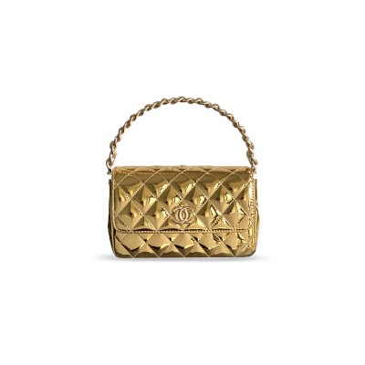 CHANEL HANDLE FLAP BAG PATENT CALFSKIN & GOLD METAL GOLD 496588 (18.5*10.5*8cm)